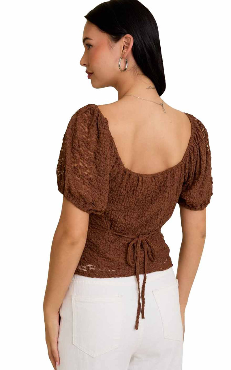 Sutton Lace Puff Top in Brown