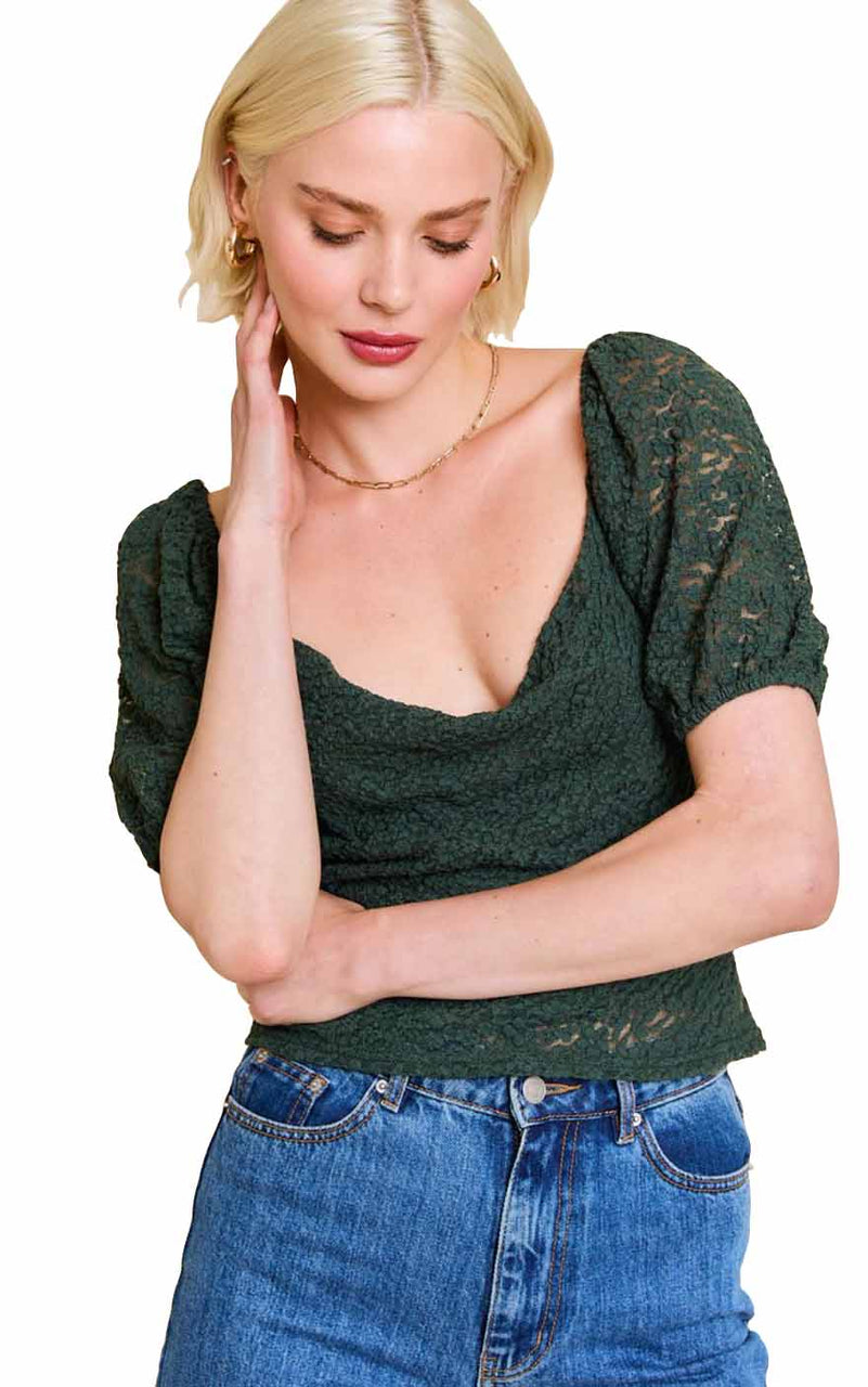 Sutton Lace Puff Top in Dark Green