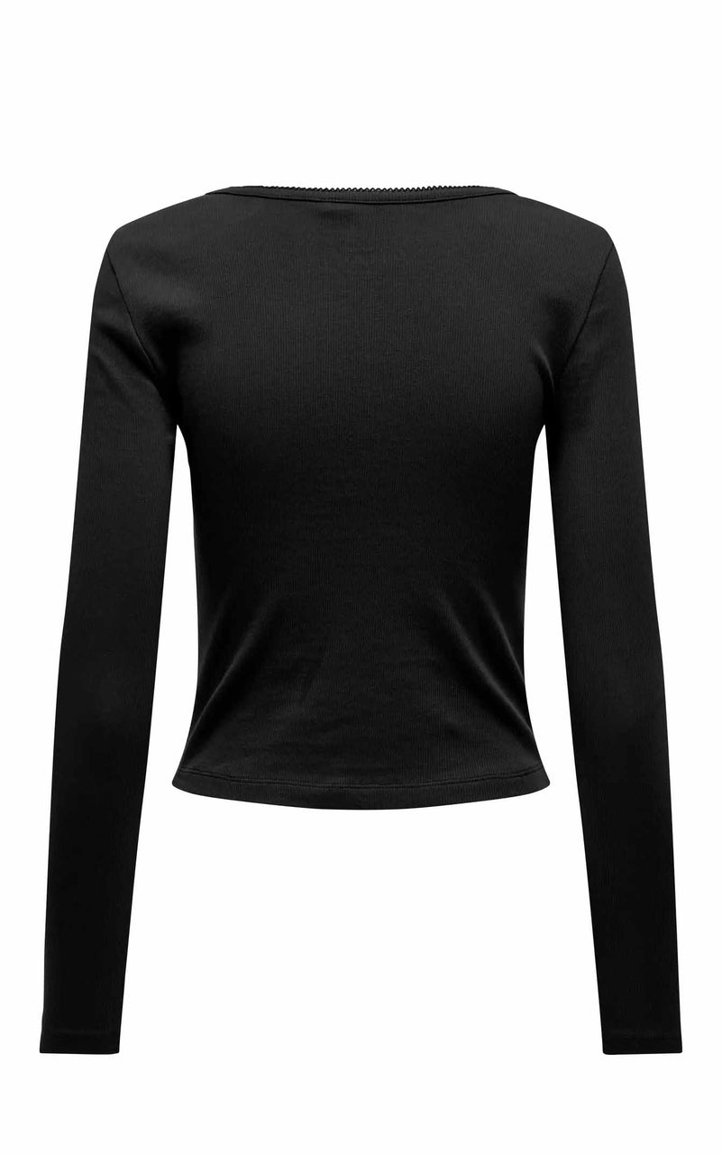 Betty Long Sleeve Scallop V-Neck in Black