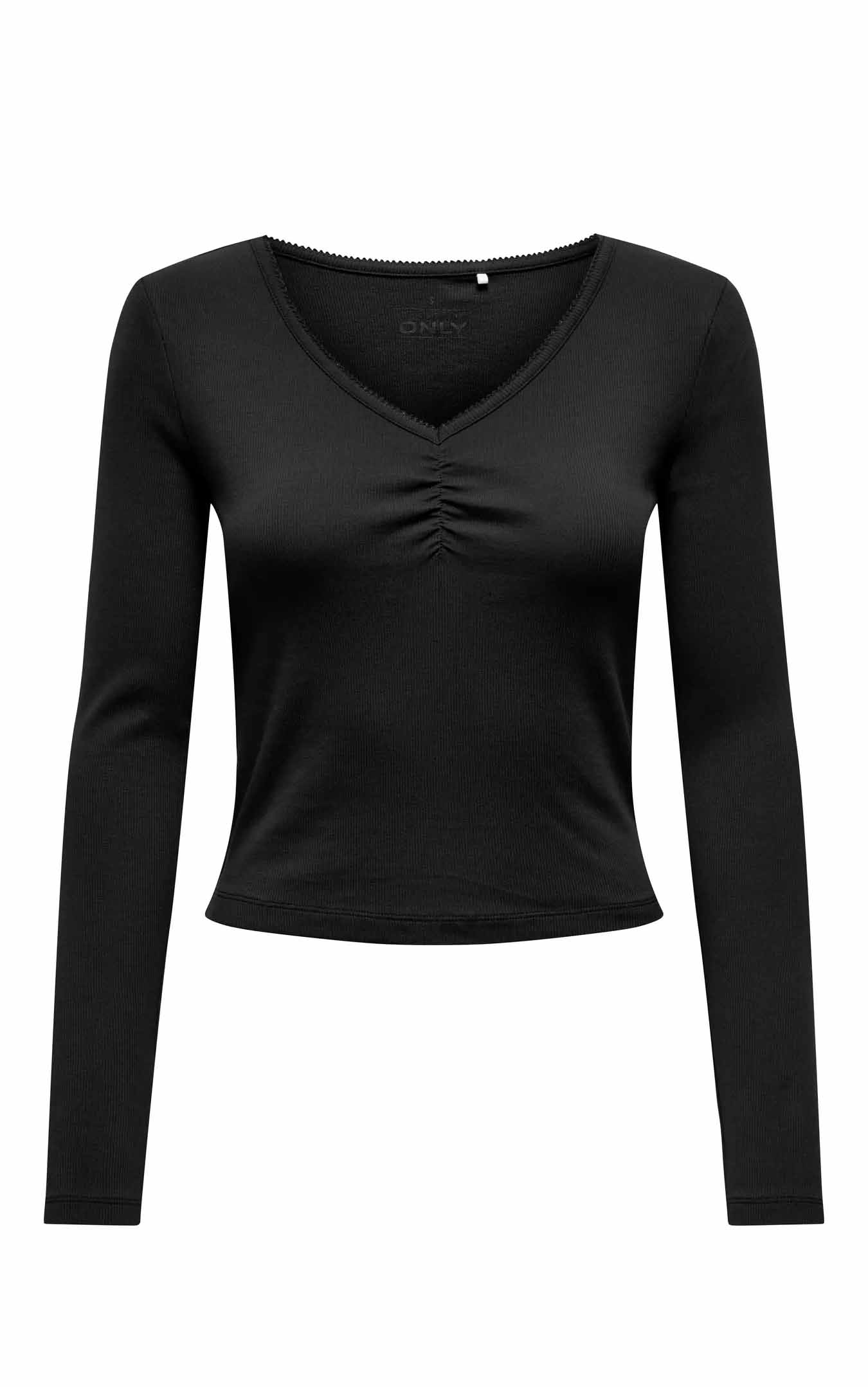 Betty Long Sleeve Scallop V-Neck in Black
