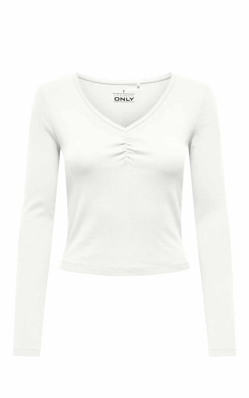 Betty Long Sleeve Scallop V-Neck in Cloud Dancer
