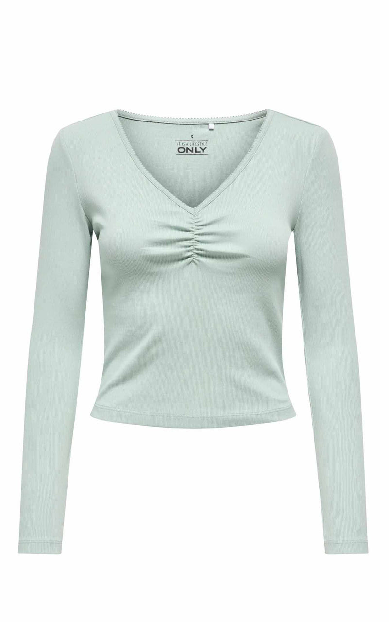 Betty Long Sleeve Scallop V-Neck in Jadeite