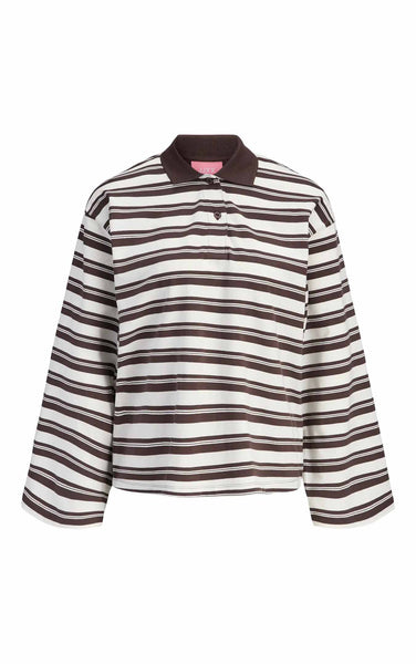 Vilma Long Sleeve Stripe Polo in Seal Brown/Vanilla Ice
