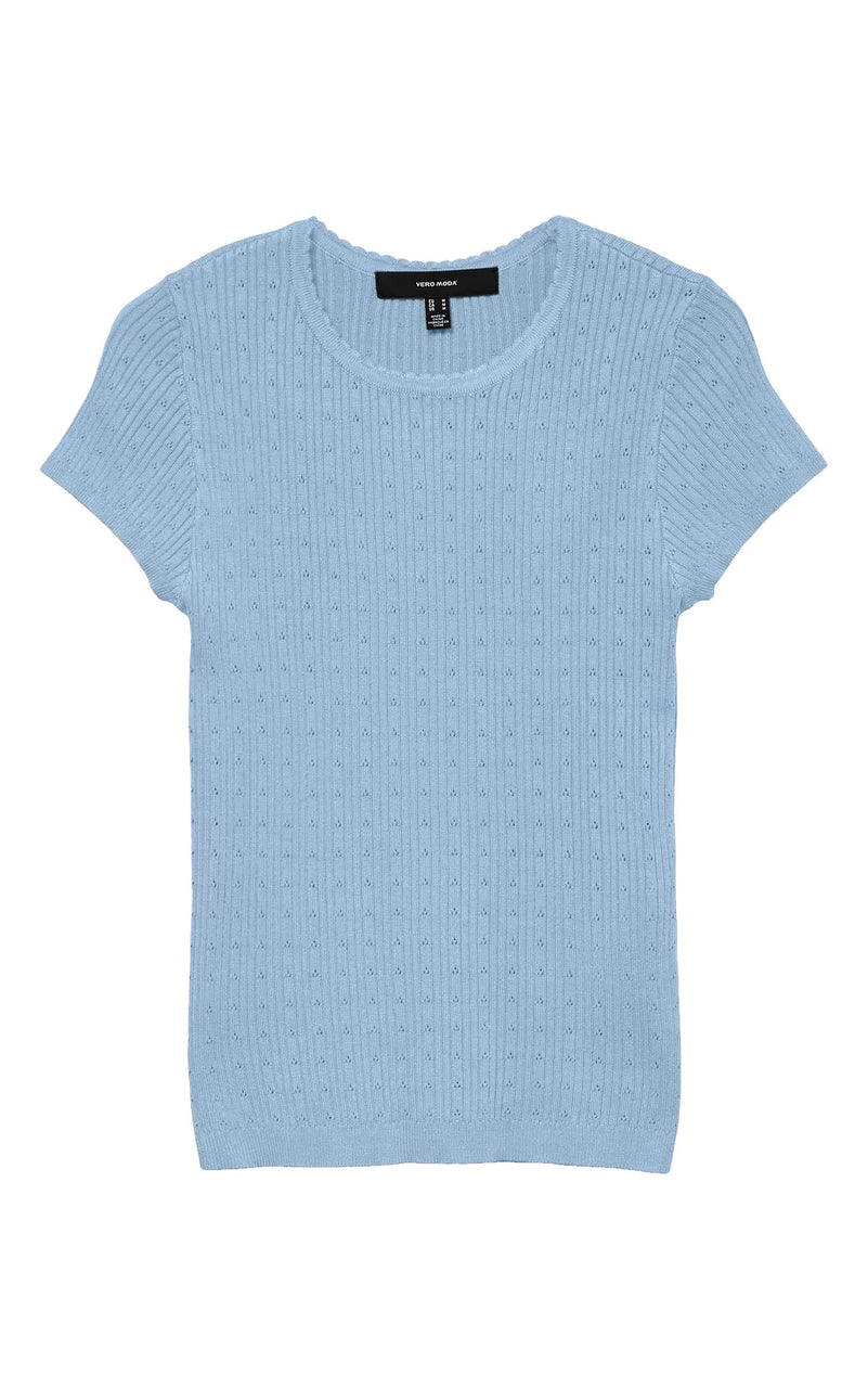 Silje Cap Sleeve O-Neck Pointelle Top in Cashmere Blue
