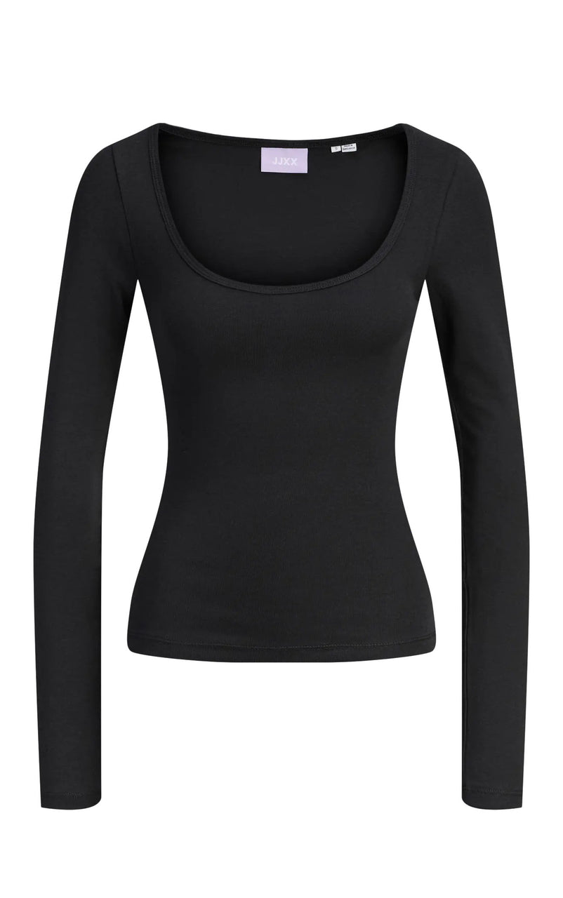 Star Long Sleeve U-Neck Top in Black