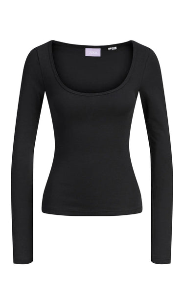 Star Long Sleeve U-Neck Top in Black