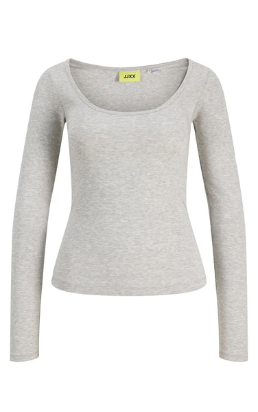 Star Long Sleeve U-Neck Top in Light Grey Melange