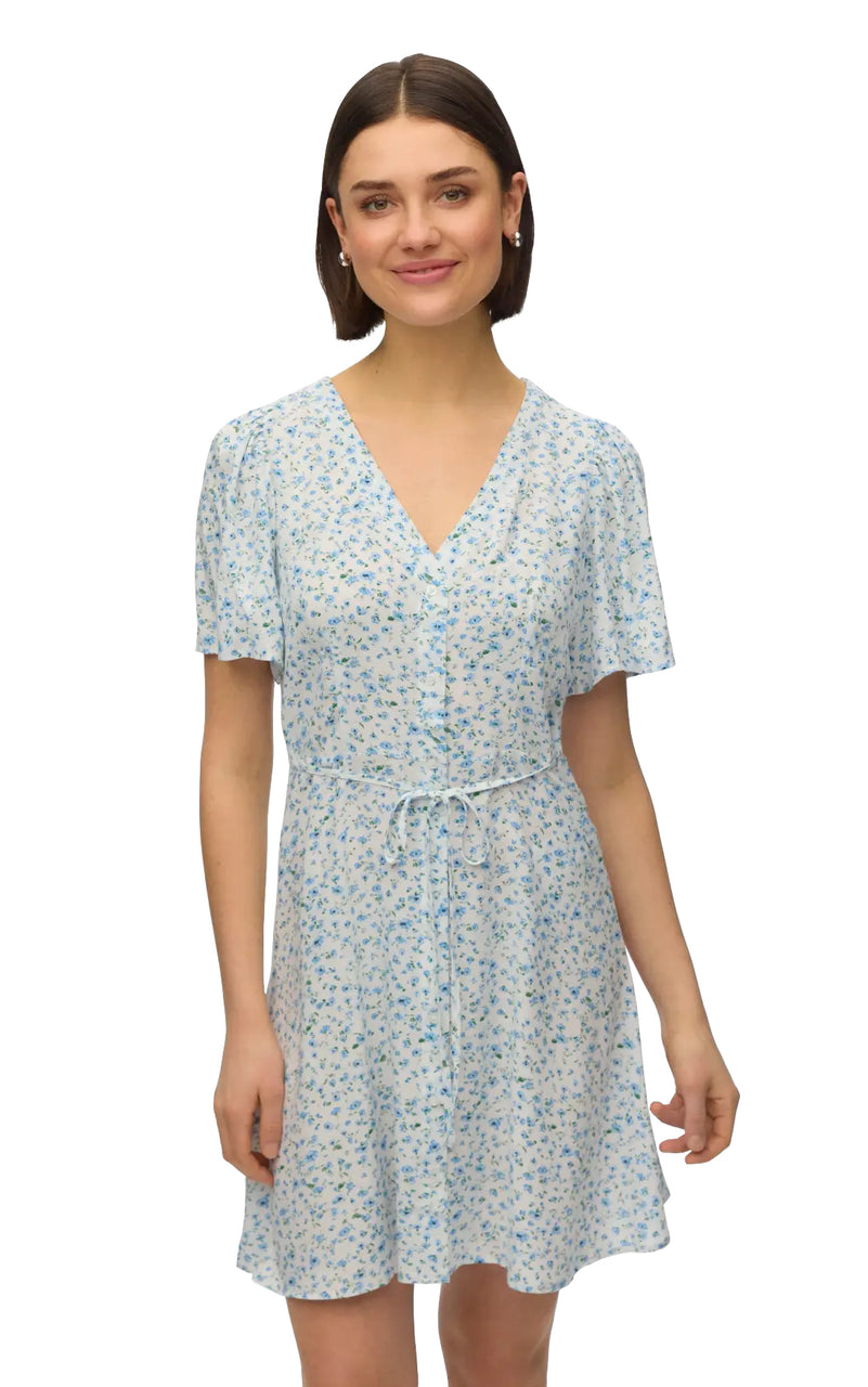 Alba Short Sleeve Short Dress in Snow White with Brooke Floral