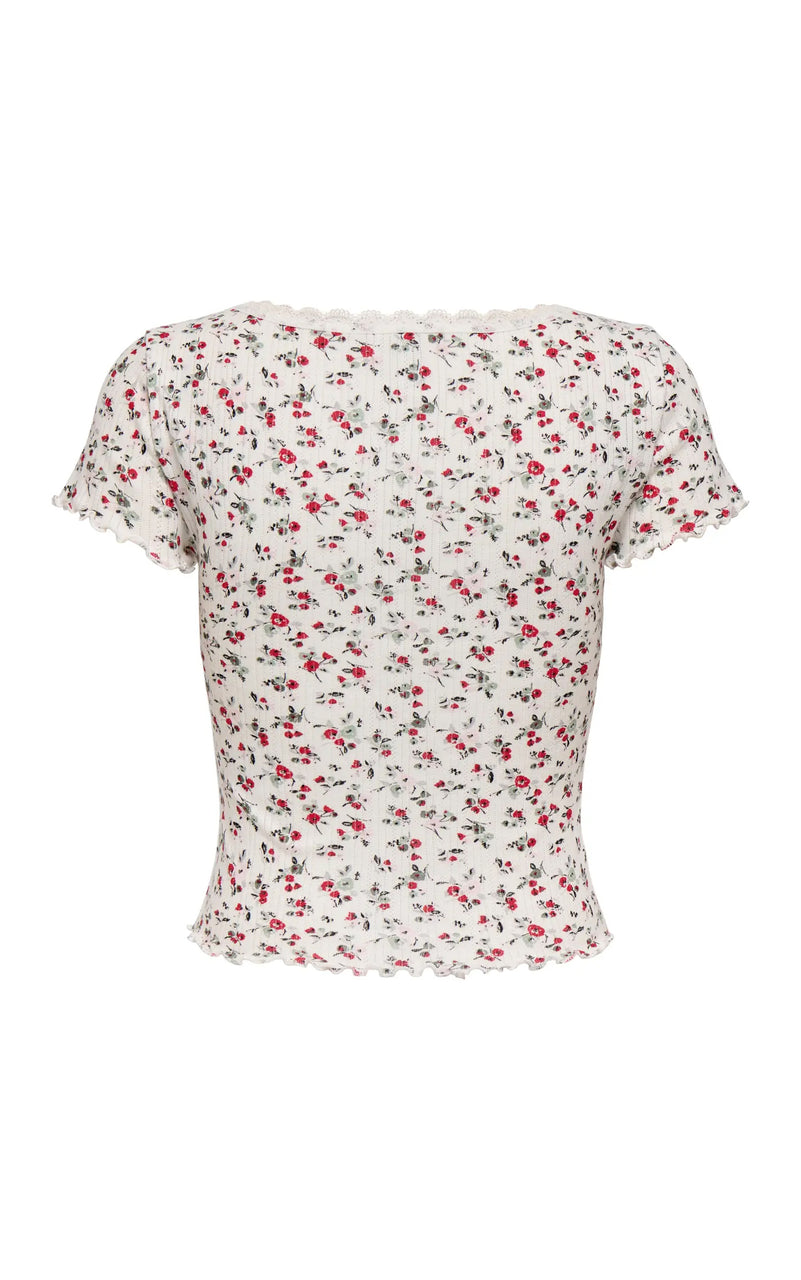 Vips Short Sleeve U-Neck Top in Cloud with Barbados Cherry Ditsy Floral