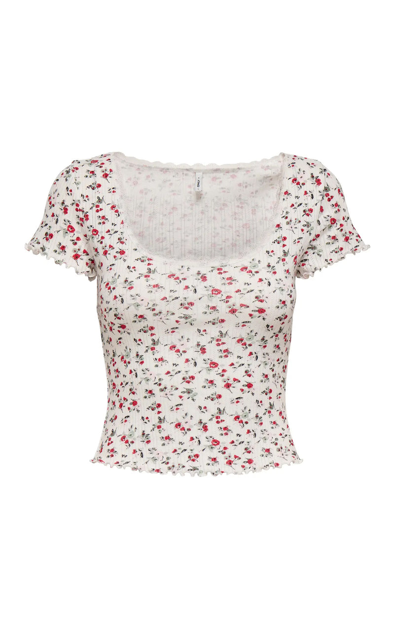 Vips Short Sleeve U-Neck Top in Cloud with Barbados Cherry Ditsy Floral