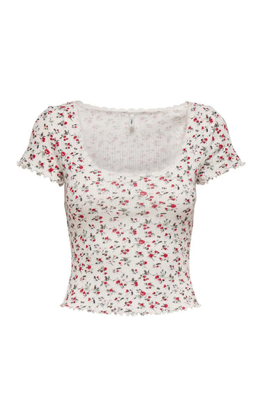 Vips Short Sleeve U-Neck Top in Cloud with Barbados Cherry Ditsy Floral