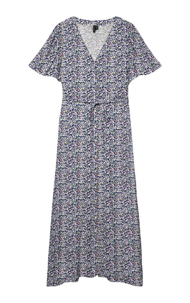 Alba Short Sleeve Calf Dress with Blake All Over Print in Navy Blazer