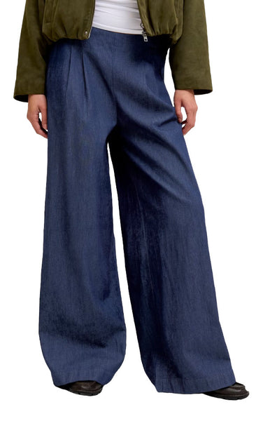Debby High Waist Wide Pants in Dark Blue Denim Chambray