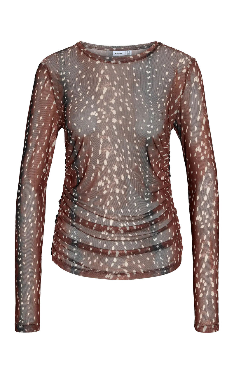Deer Long Sleeve Ruching Top in Cognac with Deer AOP