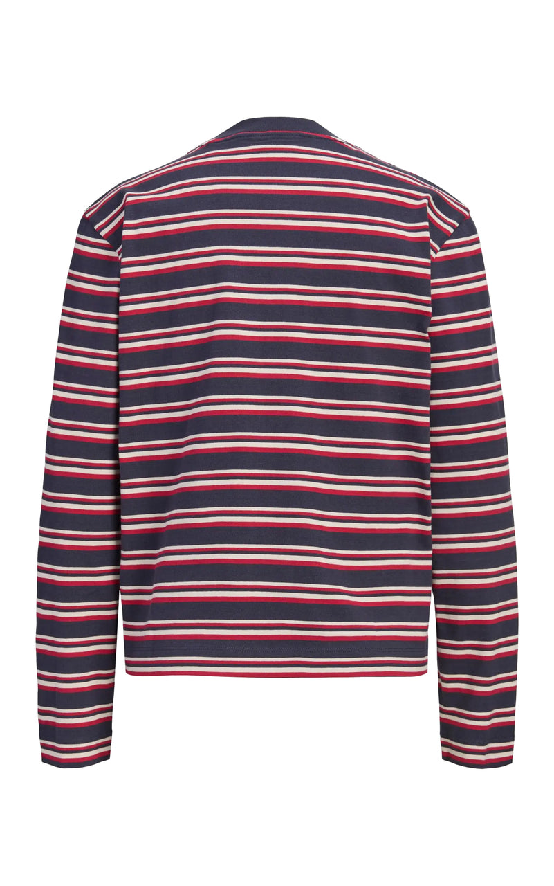 Sophia Boxy Long Sleeve Stripe Tee in Night Sky/Rhythmic Red/Feather