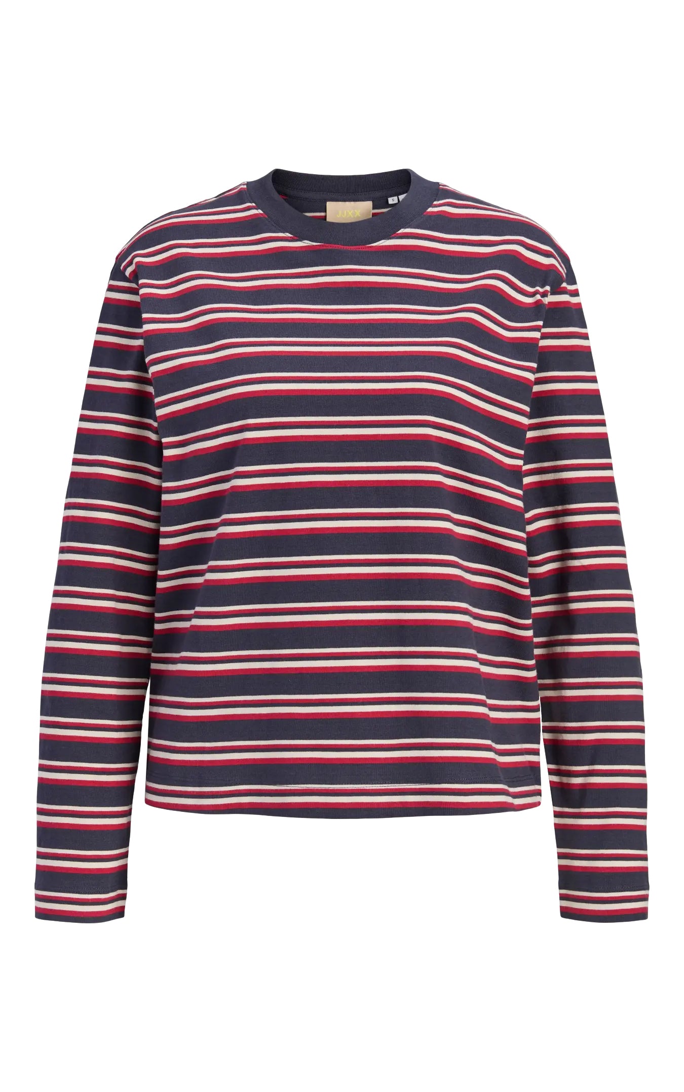 Sophia Boxy Long Sleeve Stripe Tee in Night Sky/Rhythmic Red/Feather