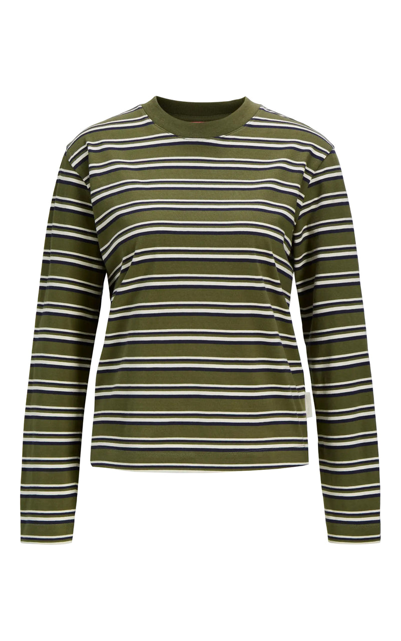 Sophia Boxy Long Sleeve Stripe Tee in Winter Moss/Night Sky/Vanilla Ice