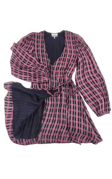 GANNI Georgette Checked Mini Wrap Dress