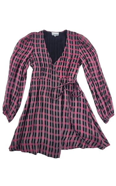 GANNI Georgette Checked Mini Wrap Dress