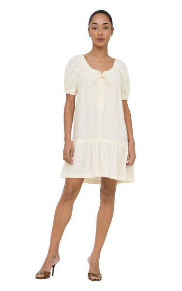 Goa Short Sleeve Linen Short Dress in Cloud Dancer