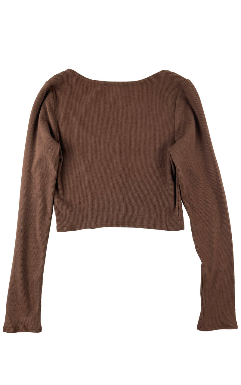 Fiona Button Front LS Top in Brown