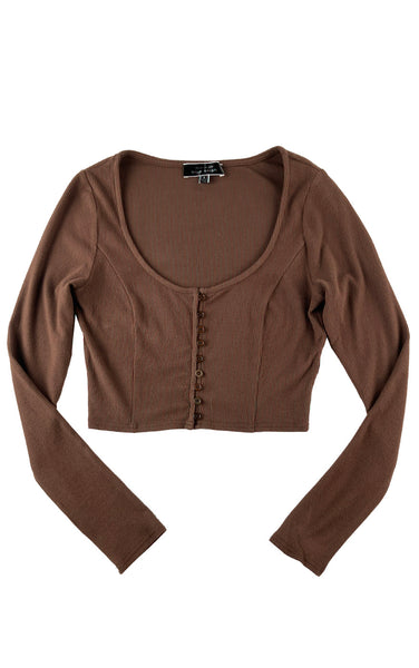 Fiona Button Front LS Top in Brown